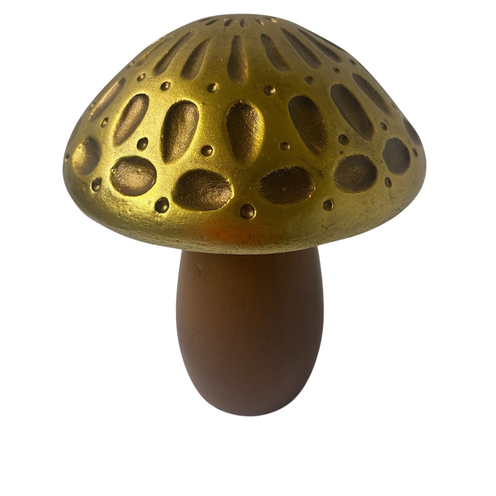 Vintage Gold Textured Mushroom Figurine Wood Base Mid Century Modern Decor